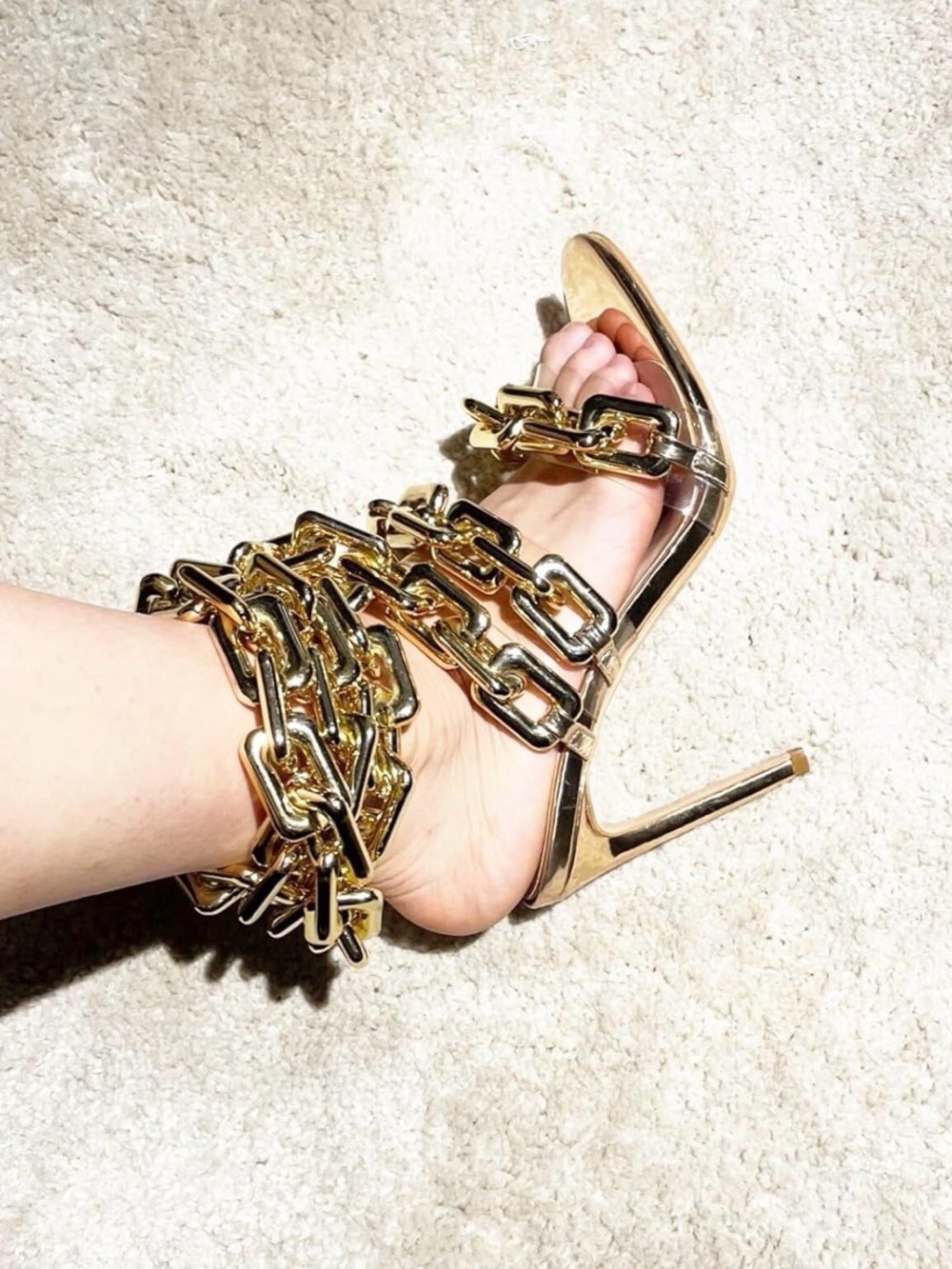 Gold Metallic Chain-Strap Stiletto Heel - Women